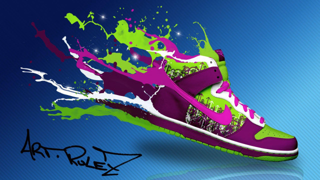 Sneakers paint splatters blue background free wallpaper for desktop - medium preview image