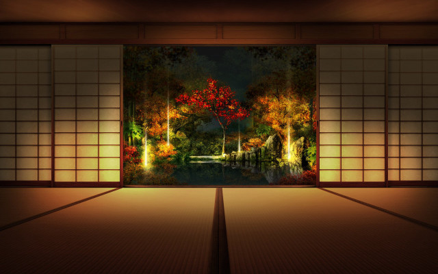 Ukiyo e kyoto autumn garden free wallpaper for desktop - medium preview image