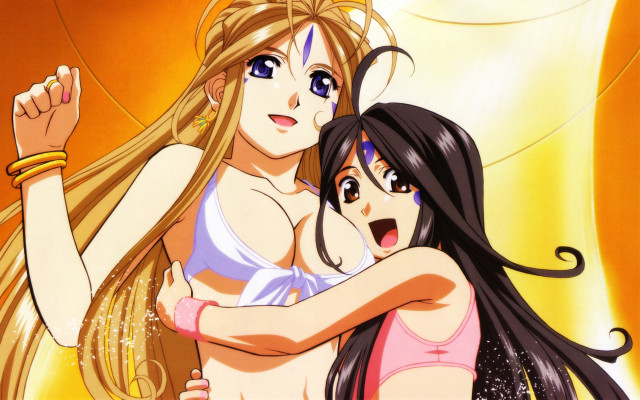 Anime girls hugging cartoon yellow free wallpaper for desktop - medium preview image