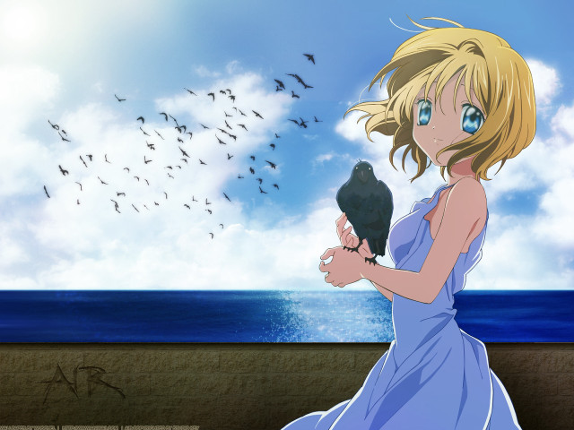 Girl blue dress bird ocean free wallpaper for desktop - medium preview image
