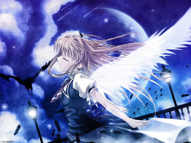 White hair angel wings full free wallpaper for desktop - medium preview image