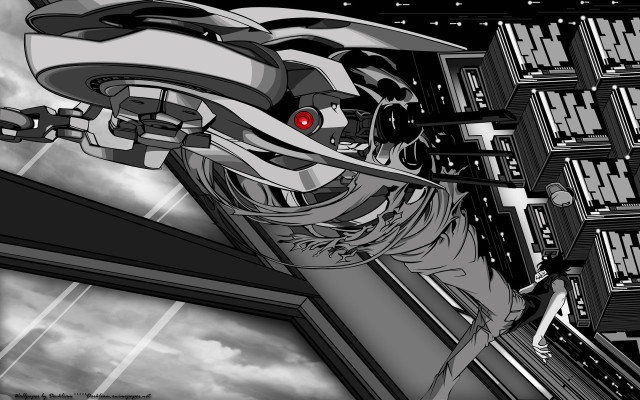 Futuristic city bw red eye free wallpaper for desktop - medium preview image