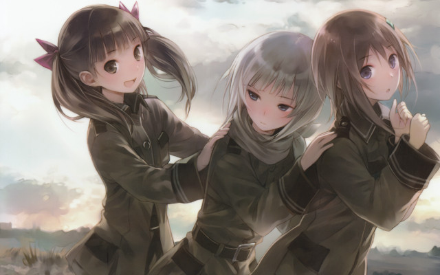 Three anime girls cloudy sky #4 free wallpaper for desktop - medium preview image