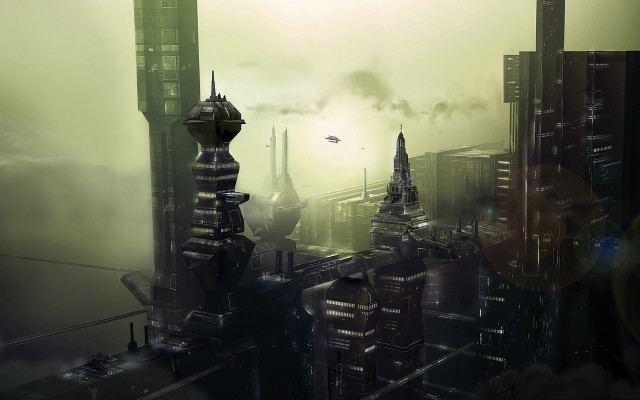 Futuristic city plane flying over free wallpaper for desktop - medium preview image