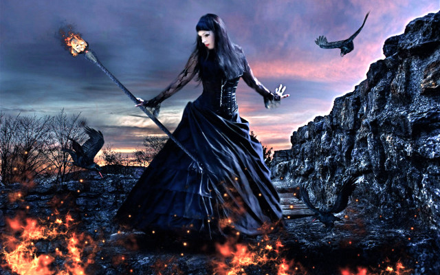 Woman black dress sword bird free wallpaper for desktop - medium preview image