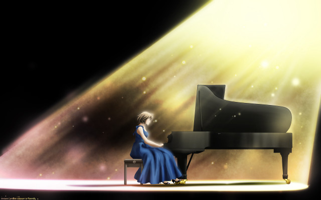 Woman sitting piano light beam free wallpaper for desktop - medium preview image
