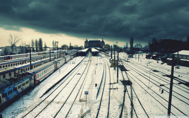 Train yard several trains tracks free wallpaper for desktop - medium preview image