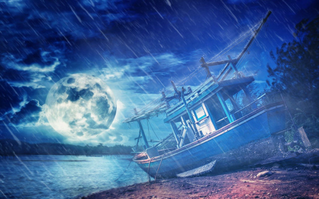 Boat shore rain night full free wallpaper for desktop - medium preview image