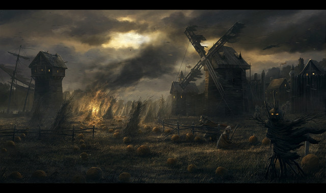 Spooky town windmill pumpkins full free wallpaper for desktop - medium preview image