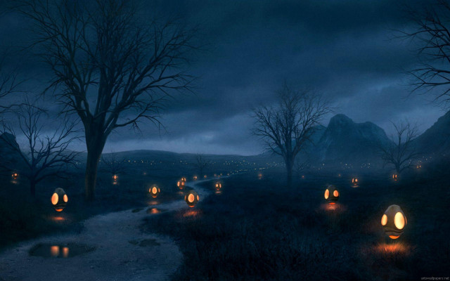 Path lanterns dark forest night free wallpaper for desktop - medium preview image