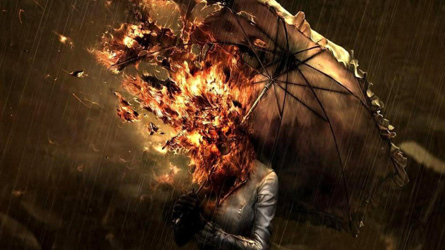 Woman umbrella rain fire leaves free wallpaper for desktop - medium preview image