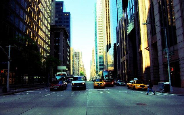 City street cars buses tall free wallpaper for desktop - medium preview image