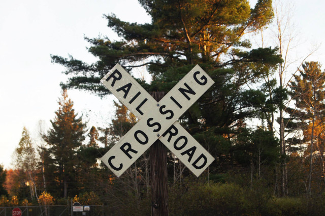 Railroad crossing sign road forest free wallpaper for desktop - medium preview image