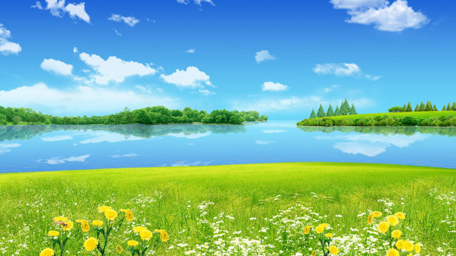 Beautiful green field flowers lake #2 free wallpaper for desktop - medium preview image