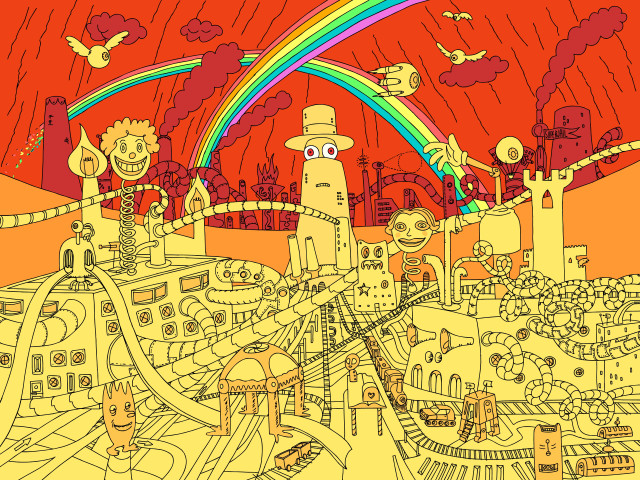 City rainbow sky drawing artwork free wallpaper for desktop - medium preview image