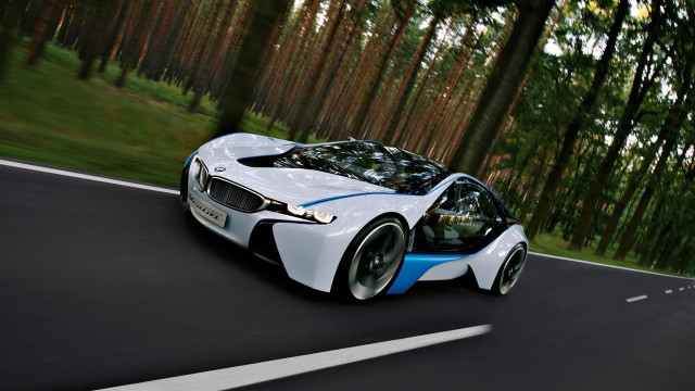 White blue car forest road free wallpaper for desktop - medium preview image