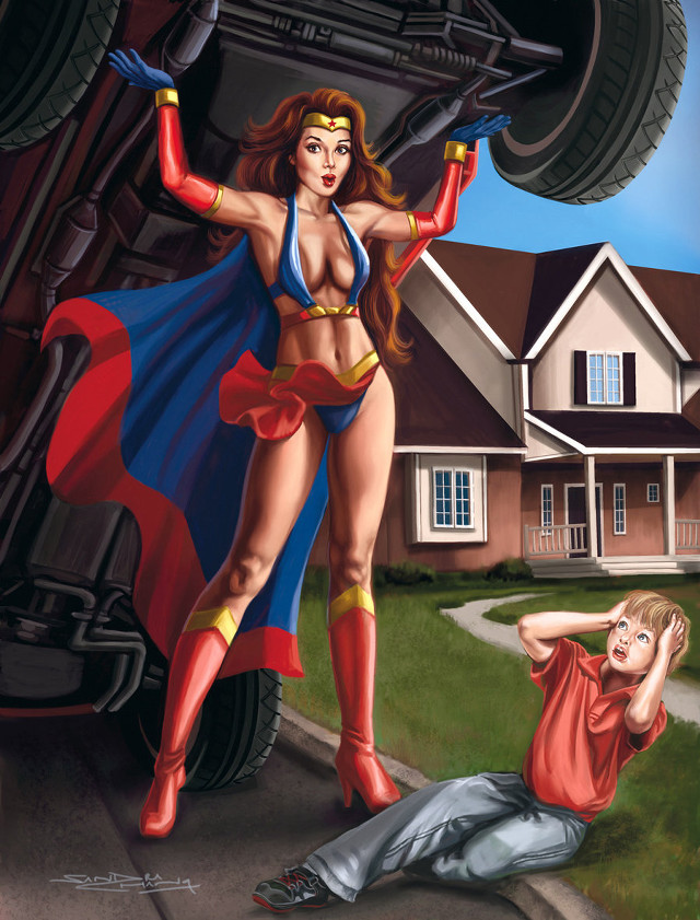 Feminist superhero giantess illustration retro free wallpaper for mobile - medium preview image