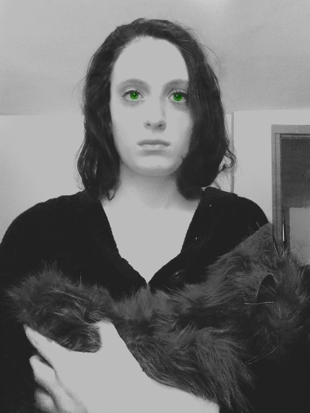 Woman green eyes holding cat free wallpaper for mobile - medium preview image