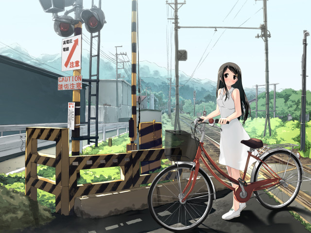 Woman biking street train track free wallpaper for desktop - medium preview image