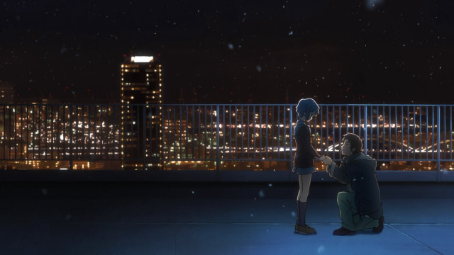 Man kneeling woman roof night free wallpaper for desktop - medium preview image