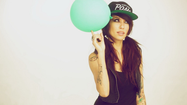 Woman greenballoon blackhat whitebackground tattoo free wallpaper for desktop - medium preview image
