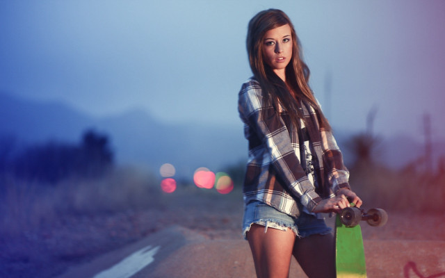 Woman holding skateboard road night free wallpaper for desktop - medium preview image