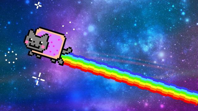 Pixelated cat flying rainbow space free wallpaper for desktop - medium preview image