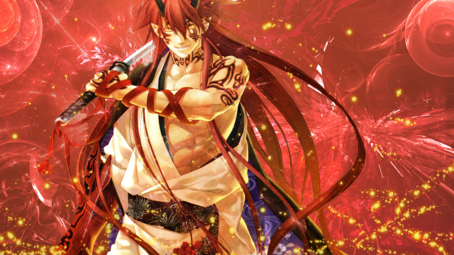 Man sword red background fireworks free wallpaper for desktop - medium preview image