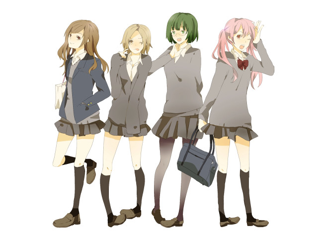 Anime girls standing row hands free wallpaper for desktop - medium preview image