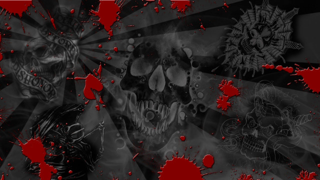 Red black background skulls pattern free wallpaper for desktop - medium preview image