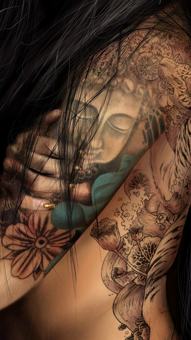 Woman tattoo flower arm shoulder free wallpaper for mobile - medium preview image