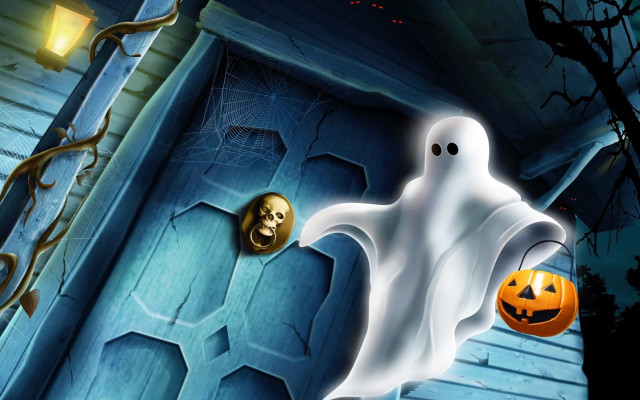 Ghost coming out door pumpkin free wallpaper for desktop - medium preview image