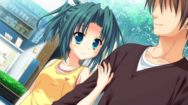 Anime couple building tree cityscape free wallpaper for desktop - medium preview image