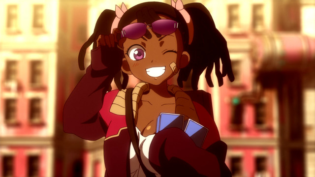 Woman glasses red jacket city free wallpaper for desktop - medium preview image