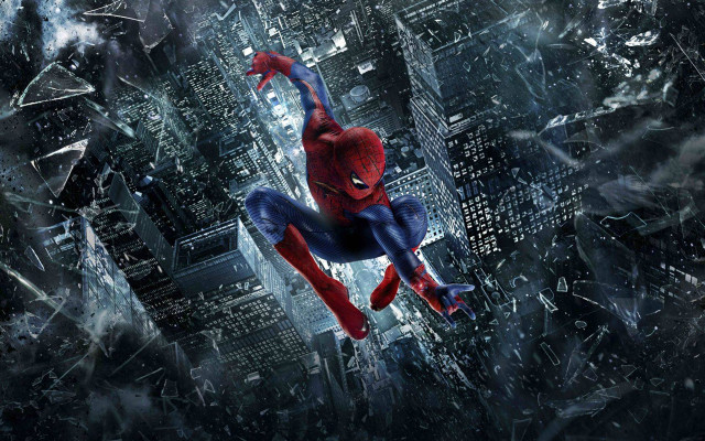 Spider man flying city skyline free wallpaper for desktop - medium preview image