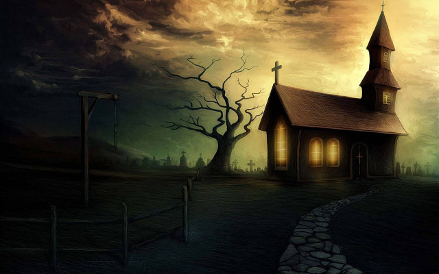 Church spooky landscape tree fence free wallpaper for desktop - medium preview image