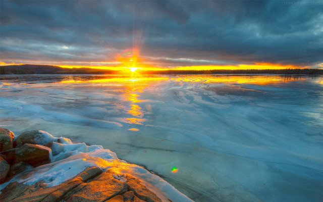 Sunset frozen lake rocks ice #2 free wallpaper for desktop - medium preview image