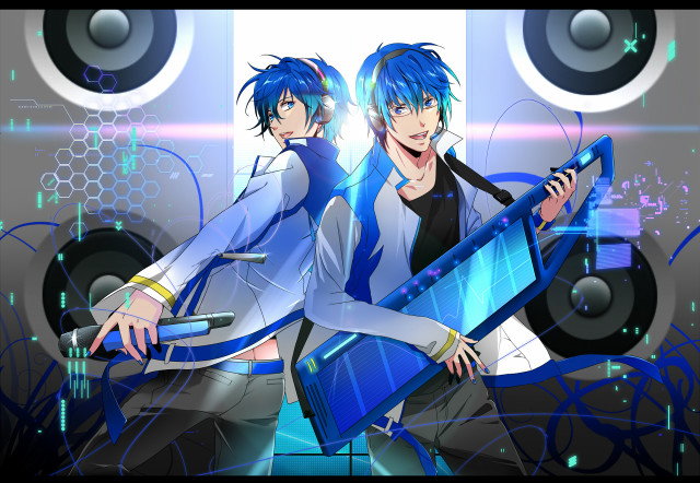 Blue haired boys headphones microphone free wallpaper for desktop - medium preview image
