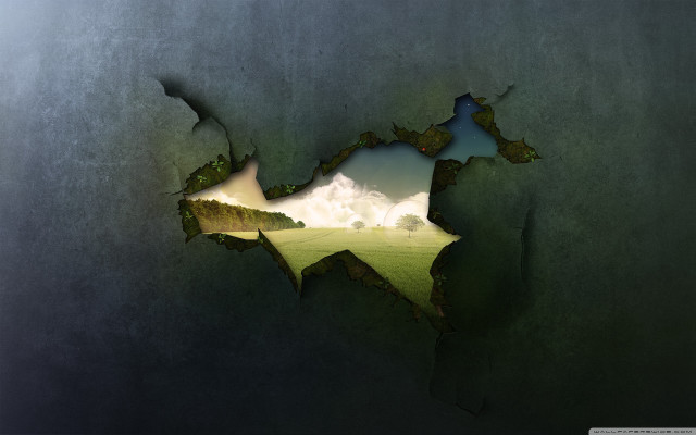 Broken wall hole field clouds free wallpaper for desktop - medium preview image