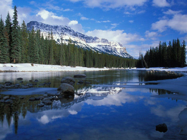 Mountain reflection lake snow evergreen free wallpaper for desktop - medium preview image
