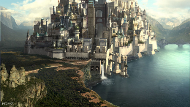 Castle cliff water mountains bridge free wallpaper for desktop - medium preview image