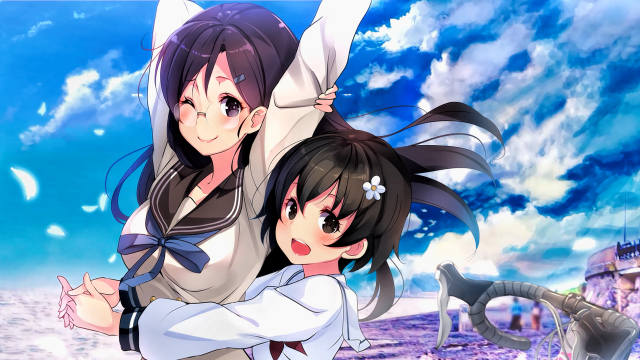 Anime girls hugging blue sky #2 free wallpaper for desktop - medium preview image