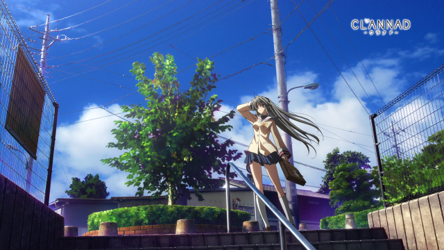 Anime girl stairs sword building free wallpaper for desktop - medium preview image
