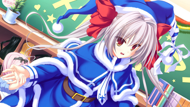 Anime whitehair blueoutfit redhat christmas free wallpaper for desktop - medium preview image