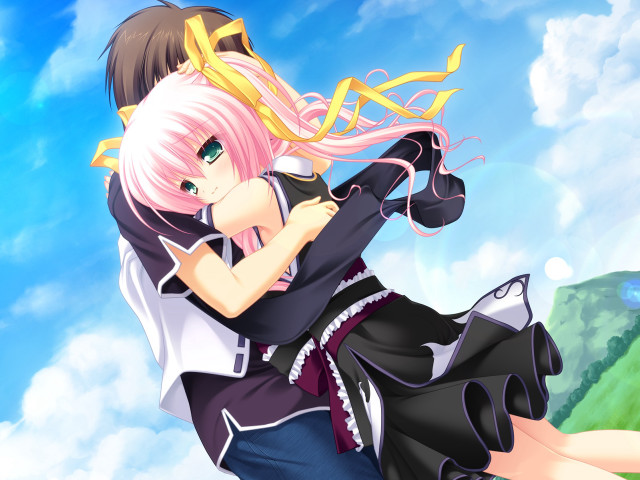 Anime couple hugging sky background free wallpaper for desktop - medium preview image