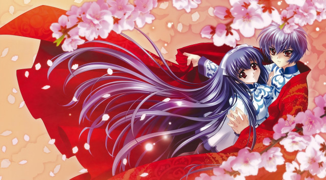 Anime characters hugging cherry blossom free wallpaper for desktop - medium preview image