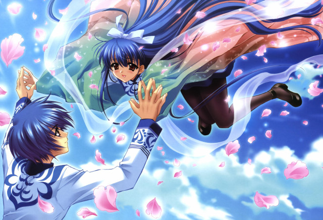 Anime characters flying petals blue free wallpaper for desktop - medium preview image