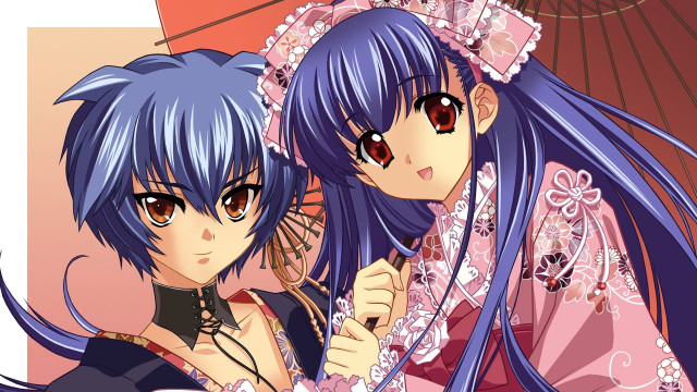 Anime girls umbrella blue pink free wallpaper for desktop - medium preview image