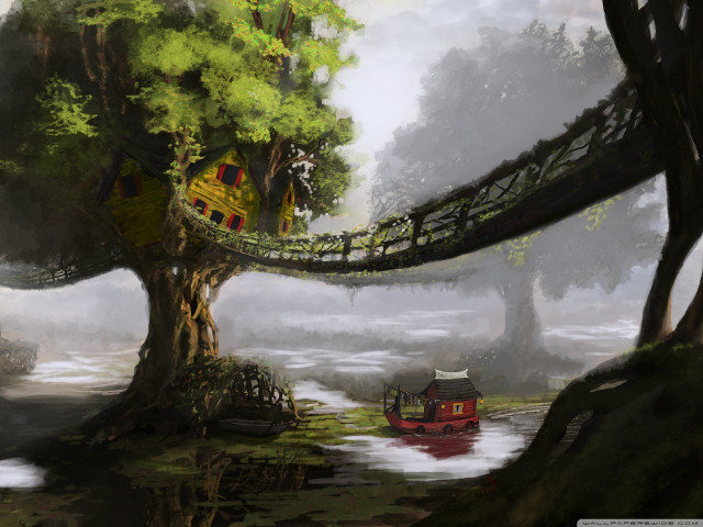 Tree house bridge river boat free wallpaper for desktop - medium preview image