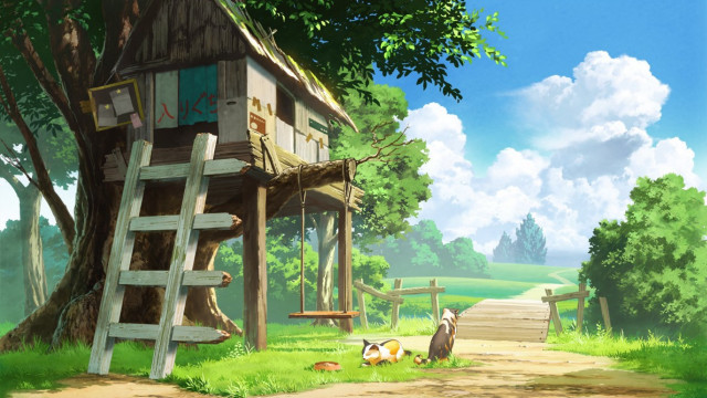 Tree house woods dog laying free wallpaper for desktop - medium preview image
